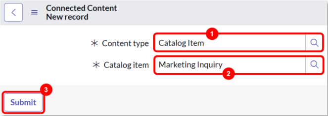 Créez un nouvel enregistrement de contenu connecté pour les demandes Marketing.