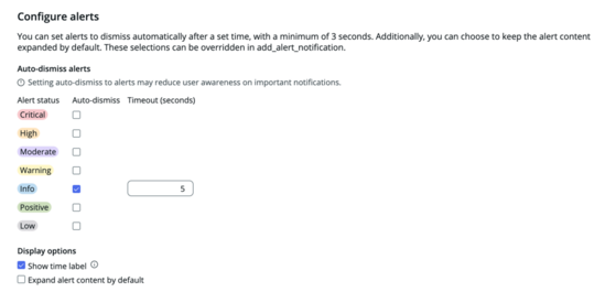 Section Configurer les alertes des paramètres de l’expérience, affichant le rejet automatique sélectionné pour le type d’alerte d’informations, avec 5 secondes saisies dans le champ Délai d’expiration.