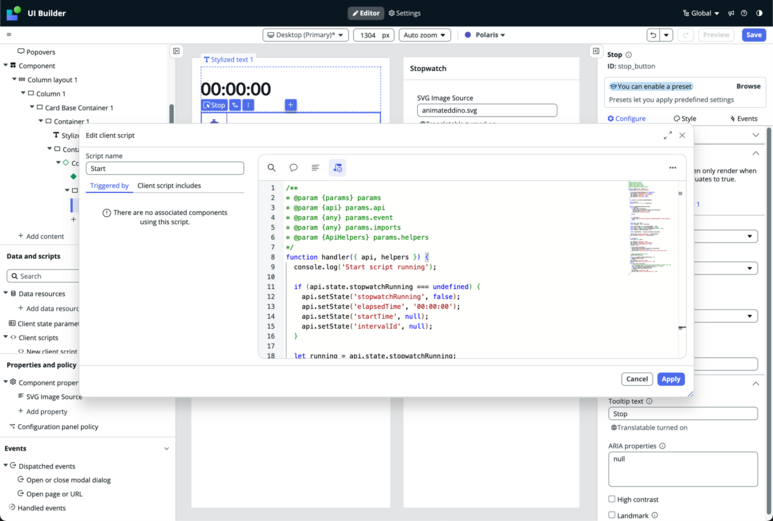Modifier le modal de script client en superposant l’éditeur du générateur d’IU.