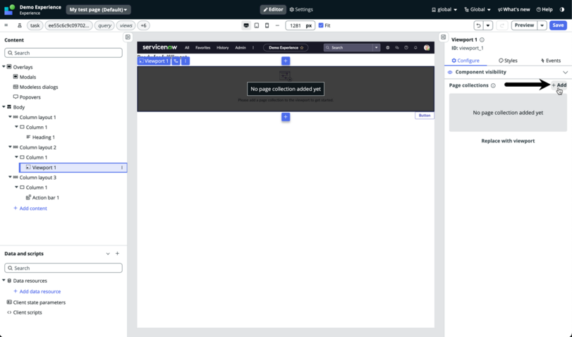 Flèche pointant vers le bouton +Ajouter dans l’onglet de configuration pour ajouter des collections de pages.
