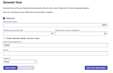 Generate tests screen.