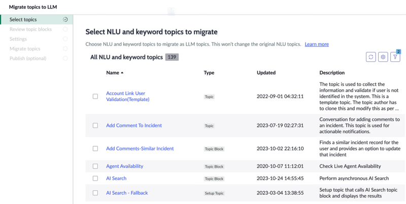 Select topics page of the topic migration workflow enables you to select topics that you want to migrate from NLU and keyword topics to become new LLM topics.