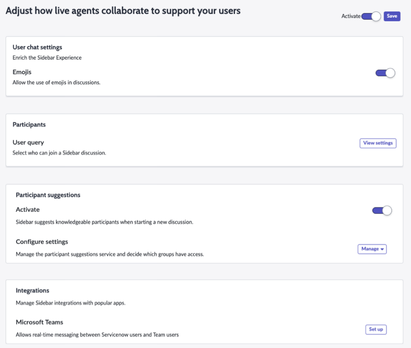 Sidebar configuration settings including user chat settings, participants, participant suggestions, and integrations.
