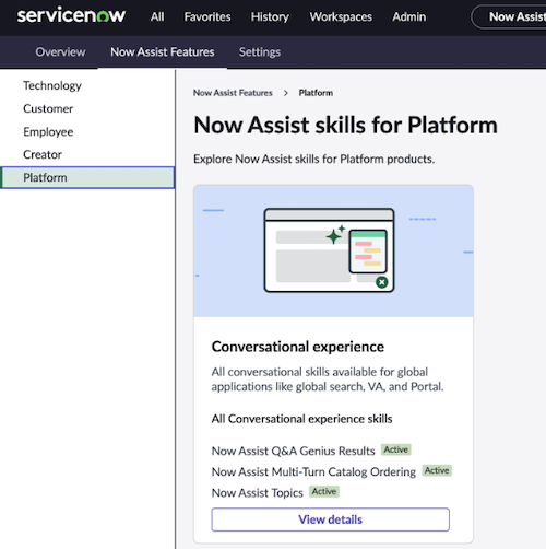 Features tab in the Now Assist Admin console, showing Conversational experience skill card.