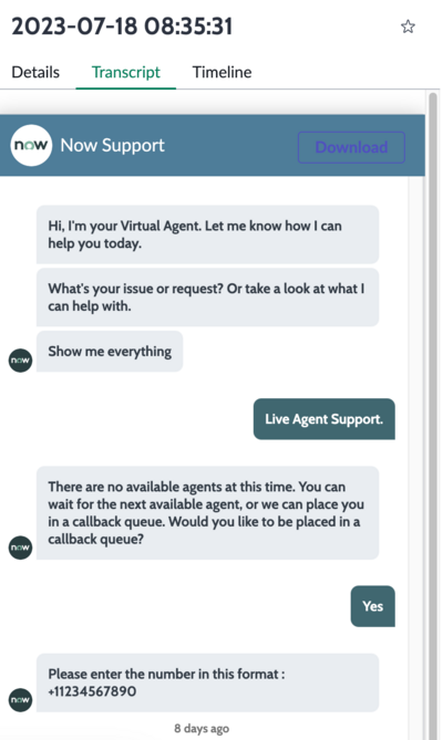 Virtual Agent Conversation transcript tab showing record of conversation.