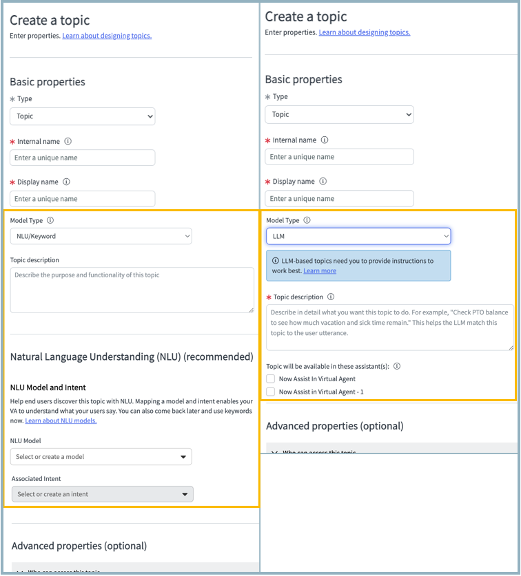 Two versions of the Create a topic form. First, the Model Type is NLU/Keywords. Second, the Model Type is LLM, where a description is required for topic discovery.