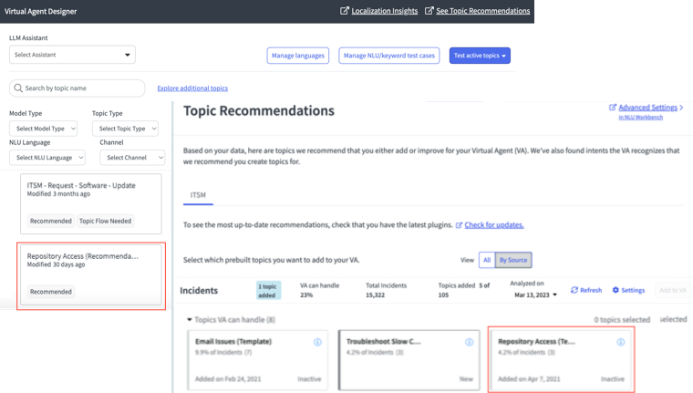 The pre-built topic card in Topic Recommendations page shows the date that it was added and its current state. The duplicated topic card displays in the Topics page.