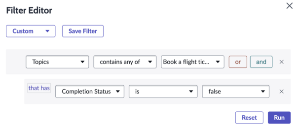 Filter Editor showing Boolean values. Conditions are defined for a Pizza Order standard topic, with Topic Node containing Confirm, and Selected Value of true.
