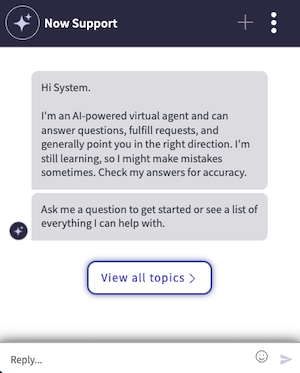View all topics shows all Virtual Agent Designer topics.
