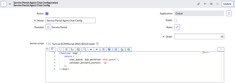 Service Portal agent chat configuration form