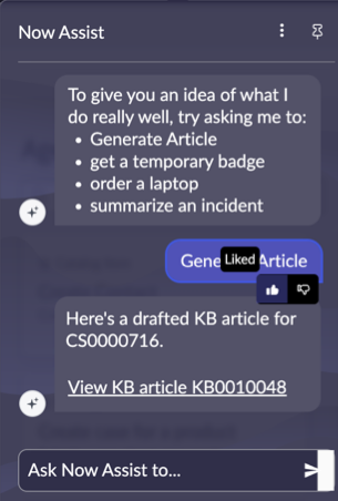 KB article feedback in the Now Assist panel.