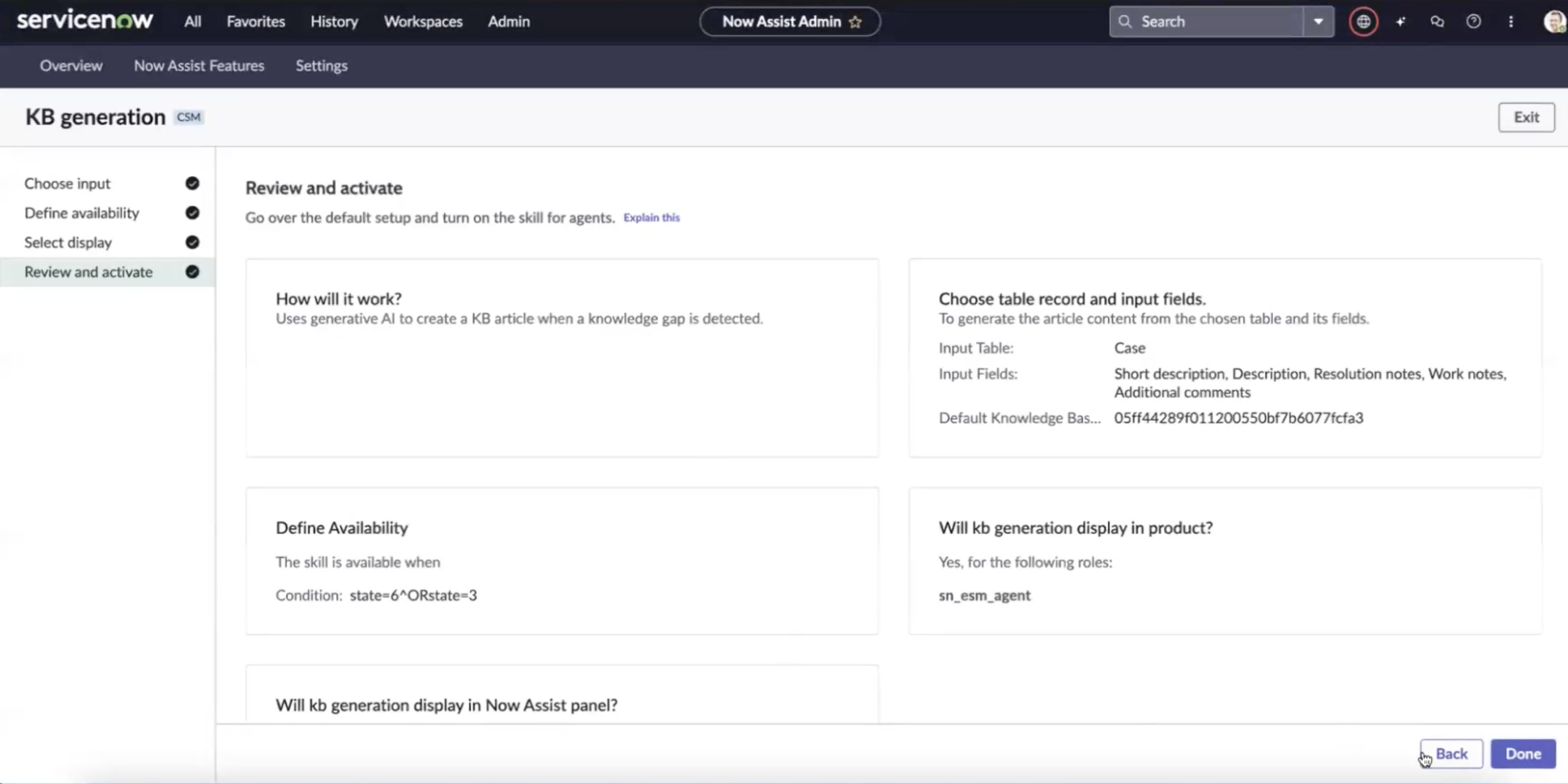 Review your configuration choices to activate the KB generation skill.