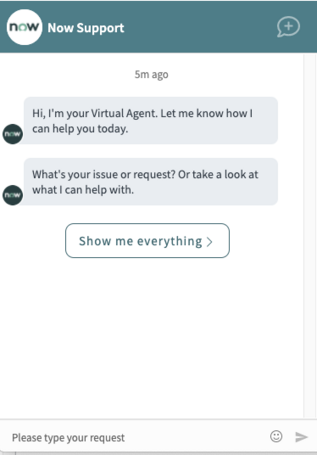 Virtual Agent chat window with Show me everything option.