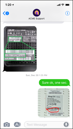 The bot displays an example image that indicates the serial number location. The user uploads a photo of their product's serial number.