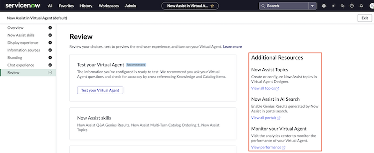 Links to additional resources such as configuring Now Assist topics, enabling Genius Results, and viewing the performance of your Virtual Agent.