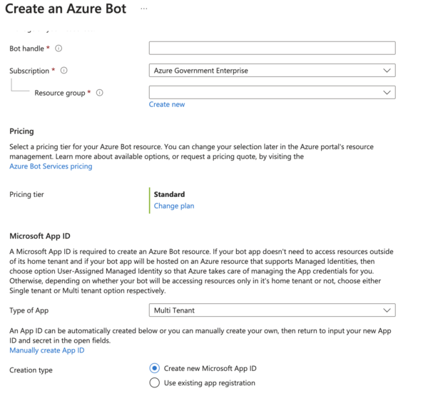 Create an Azure bot form. Azure Government Enterprise subscription option, Multi Tenant type of app option, and Create new Microsoft App ID radio button are selected.
