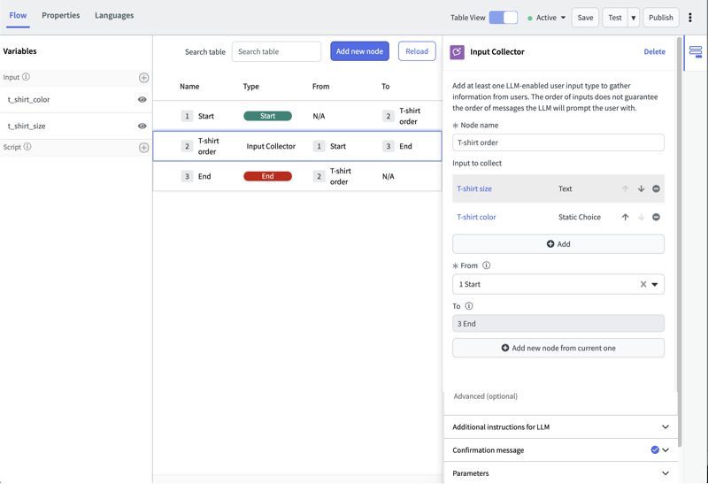 Input collector table view, showing text and static choice nodes, with up and down arrows to reorder nodes inside the collector.