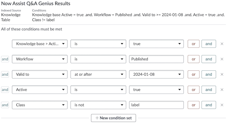 Now Assist Q&A Genius Results conditions.