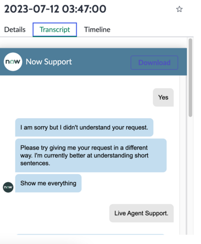 Virtual Agent conversation transcript tab.