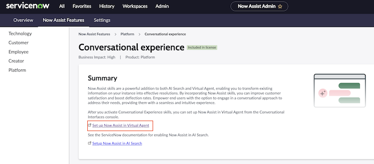 Link to setting up Now Assist in Virtual Agent.