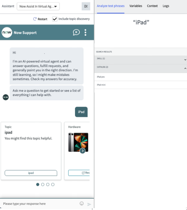 Analyze test phrases tab, showing test phrase results for Skill Discovery, each with Input Skills and Output Skills categories.