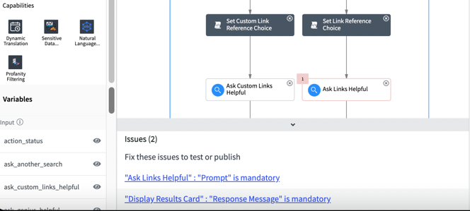 The topic validator window giving a preview of errors on the canvas.