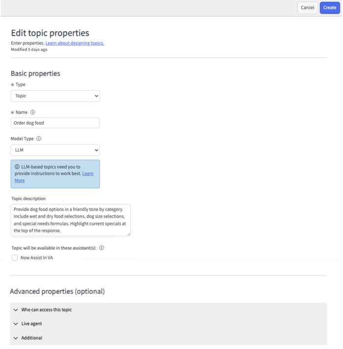 The topic Properties tab is simplified when LLM is the model type.