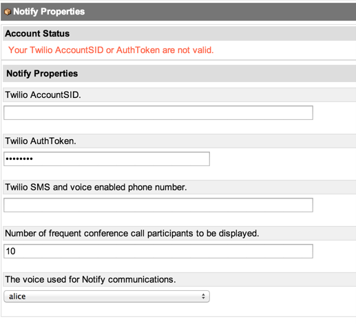 Notify Properties page, which you can use to associate a Twilio account with your instance to use that account for legacy Notify