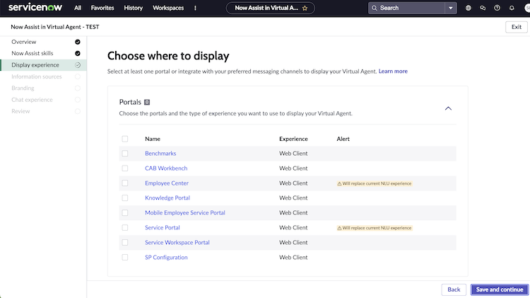 Portal options for where the Virtual Agent is displayed.