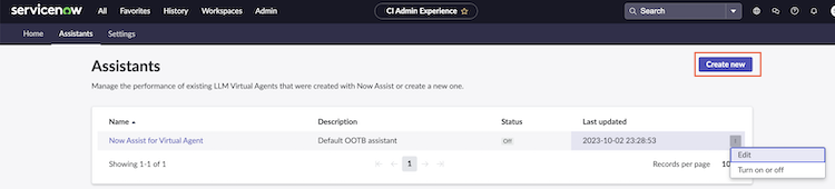 Assistants tab shows an existing Virtual Agent and any new ones that are created.