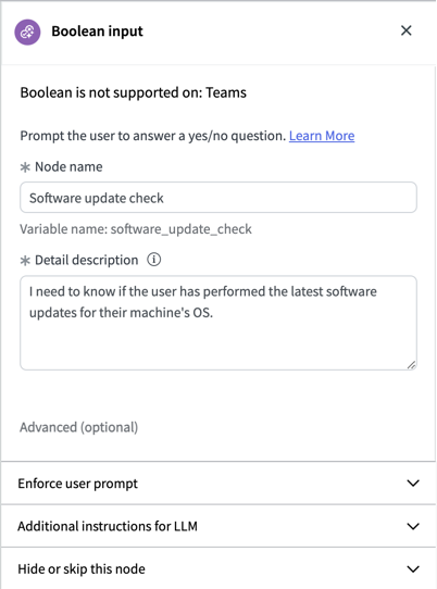 Basic properties include the node name, and detail description. Advanced options include Enforce user prompt, Additional instructions to LLM, and Hide or skip this node.