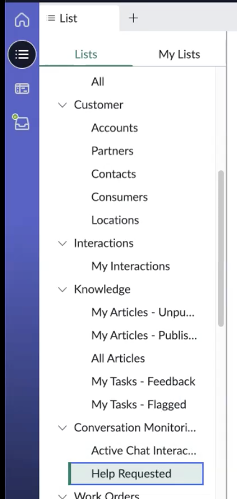 Help Requested selected in Conversation Monitoring options in Lists view.