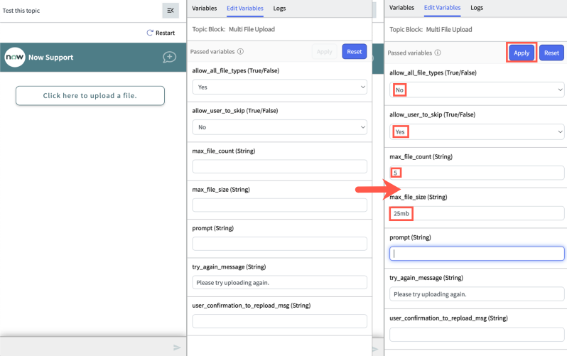 Edit variables in the topic's nodes.