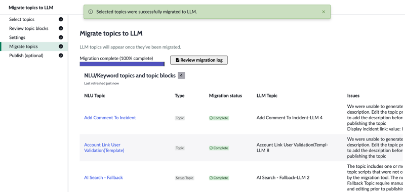 When topic migration is complete, the Review migration log option appears and you can select this option to view additional data on the success or failure of your topic migration.