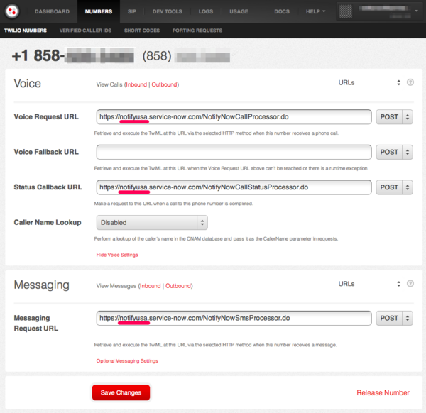 Twilio service Numbers dashboard