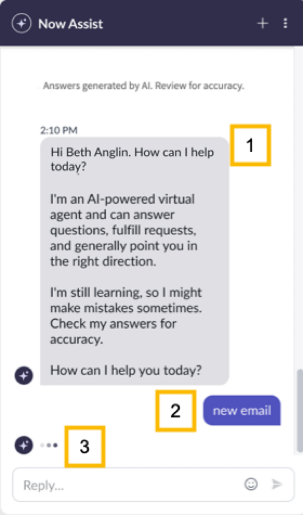 Now Assist greeting in the Virtual Agent chat widget. The user entered "new email."