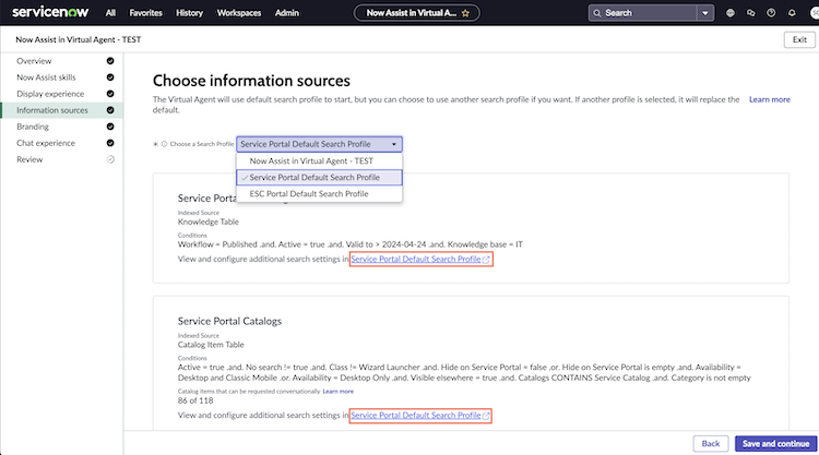 View and configure additional search settings by selecting the Service Portal Default Search Profile link.