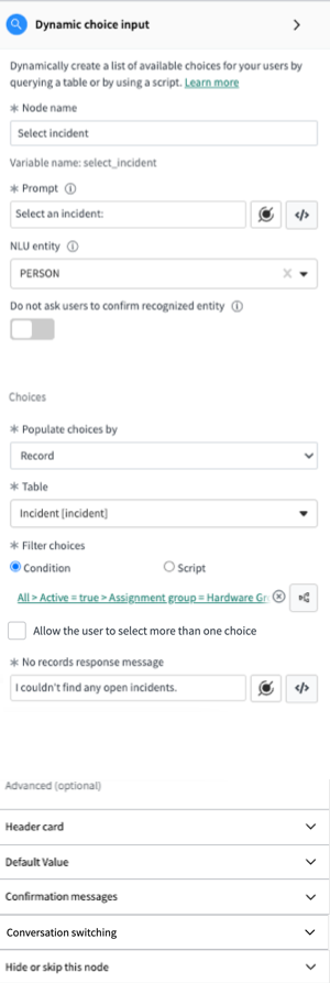 Basic properties include the node name, prompt, NLU entity, and Populate choices by list.
