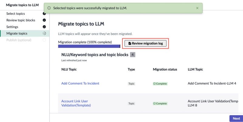 Review migration log is an option available after topic migration is complete that appears in relation to the Migration progression status bar.