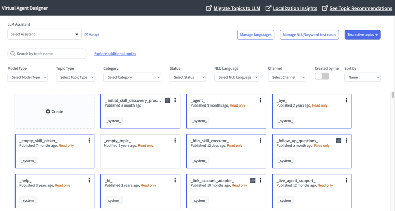 The Virtual Agent Designer Topics page displays the available topics, topic blocks, and custom controls, as well as options for creating and managing topics.