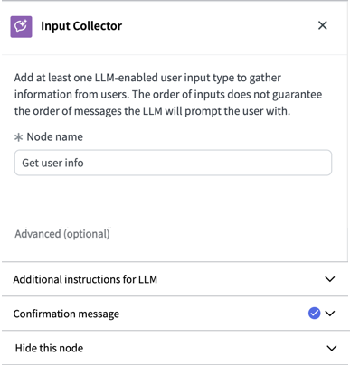 Basic properties include the node name. Advanced options include Additional instructions to LLM, Confirmation messages, and Hide this node.