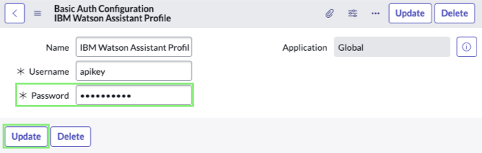 Basic auth configuration for the IBM Watson Assistant Profile, with Password field and Update button highlighted.