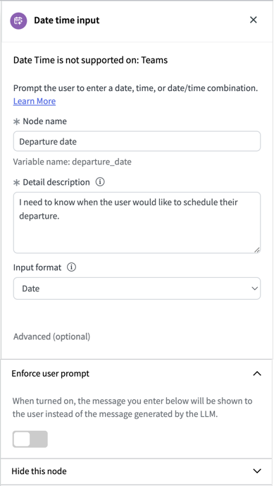 Basic properties include node name, detail description, and input format. Advanced options include Enforce user prompt and Hide this node.