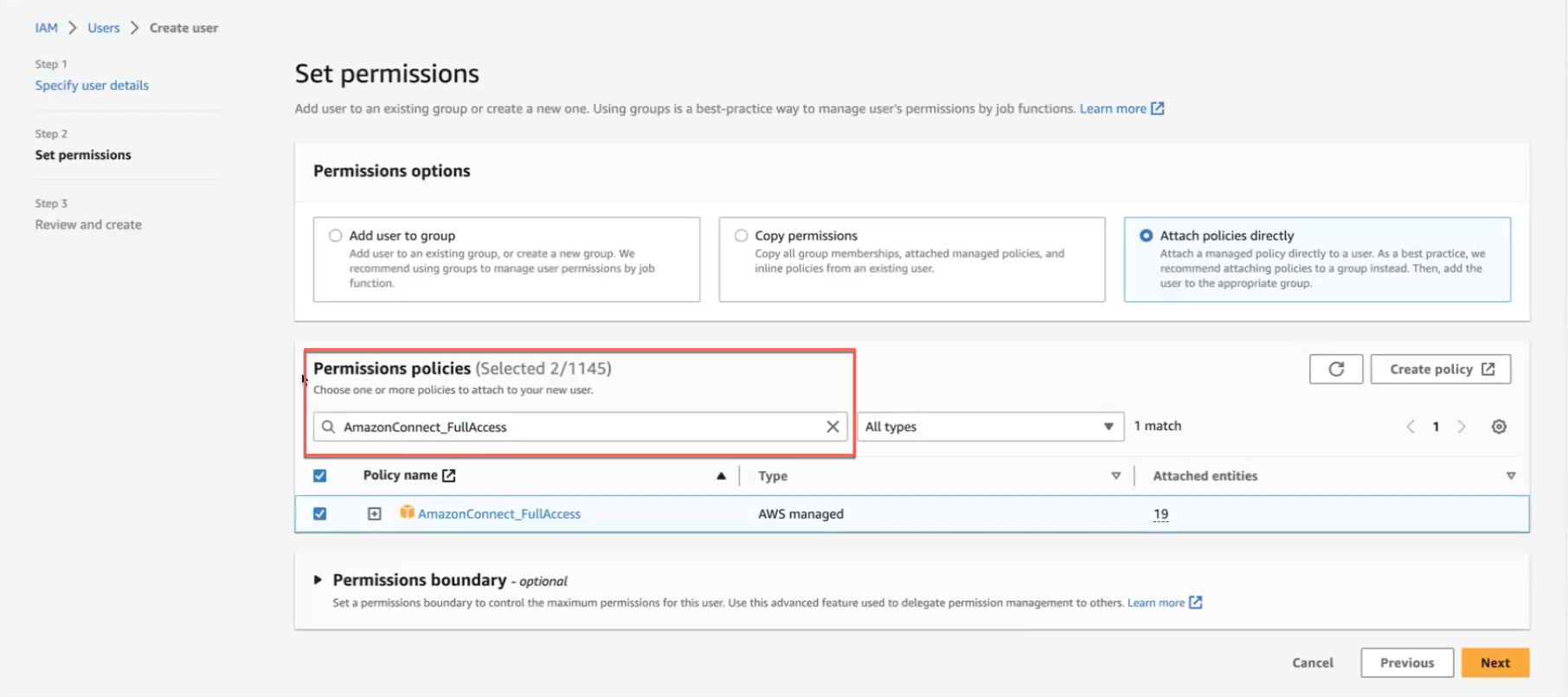 Attach policies to the IAM user for configuring IVR.