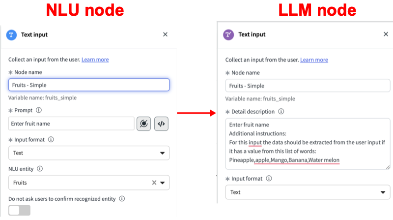 Prompt field values migrate to the Detail description field values along with NLU entities.