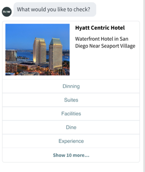 The prompt asks, "What would you like to check?" followed by a photo and heading of a hotel. Choices include, Dining, Suites, and Facilities.