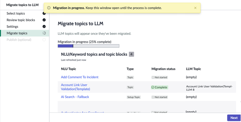 When migrating topics is in progress, a progression bar appears and the screen dynamically updates with which topics are completing or failing migration.