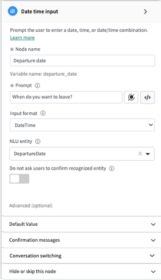 Basic properties include the node name, prompt, input format, and NLU entity.