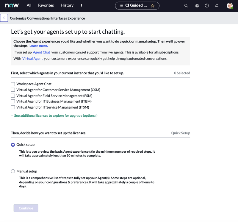Guided Setup page for specifying the type of agents for certain business areas and quick or manual setup.
