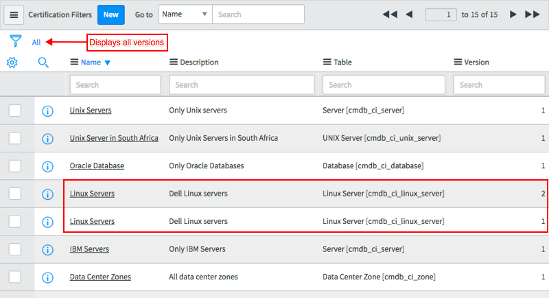 Viewing the list of certification filters.